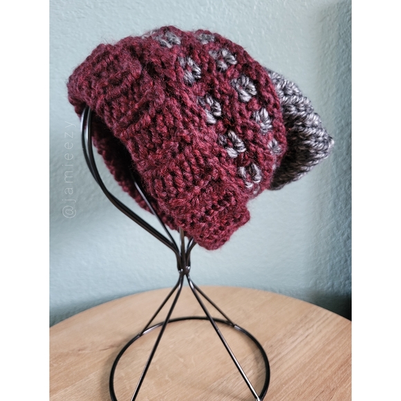 Two-Tone Waffle-Base Knit Beanie - Charcoal/Burgundy (Handmade) - Picture 3 of 12